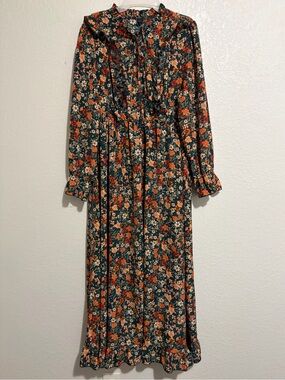 SHEIN Dark Green Floral Ruffle Long Sleeve Maxi Dress